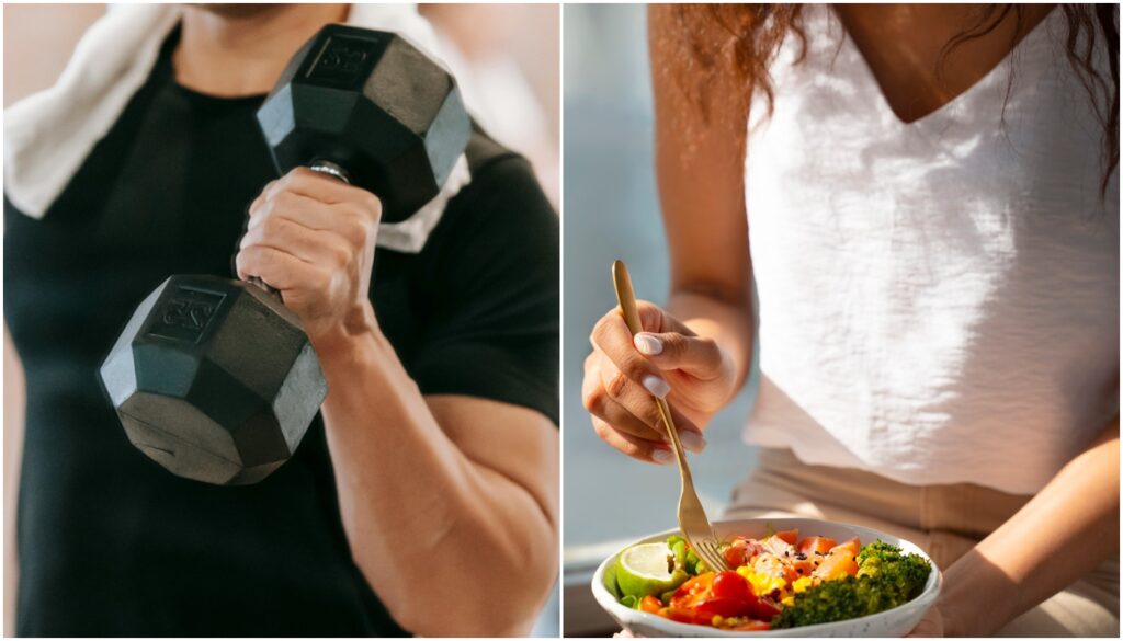 Homem se exercitando e mulher se alimentando (Crédito: Andres Ayrton/Pexels |
pikisuperstar/Freepik)