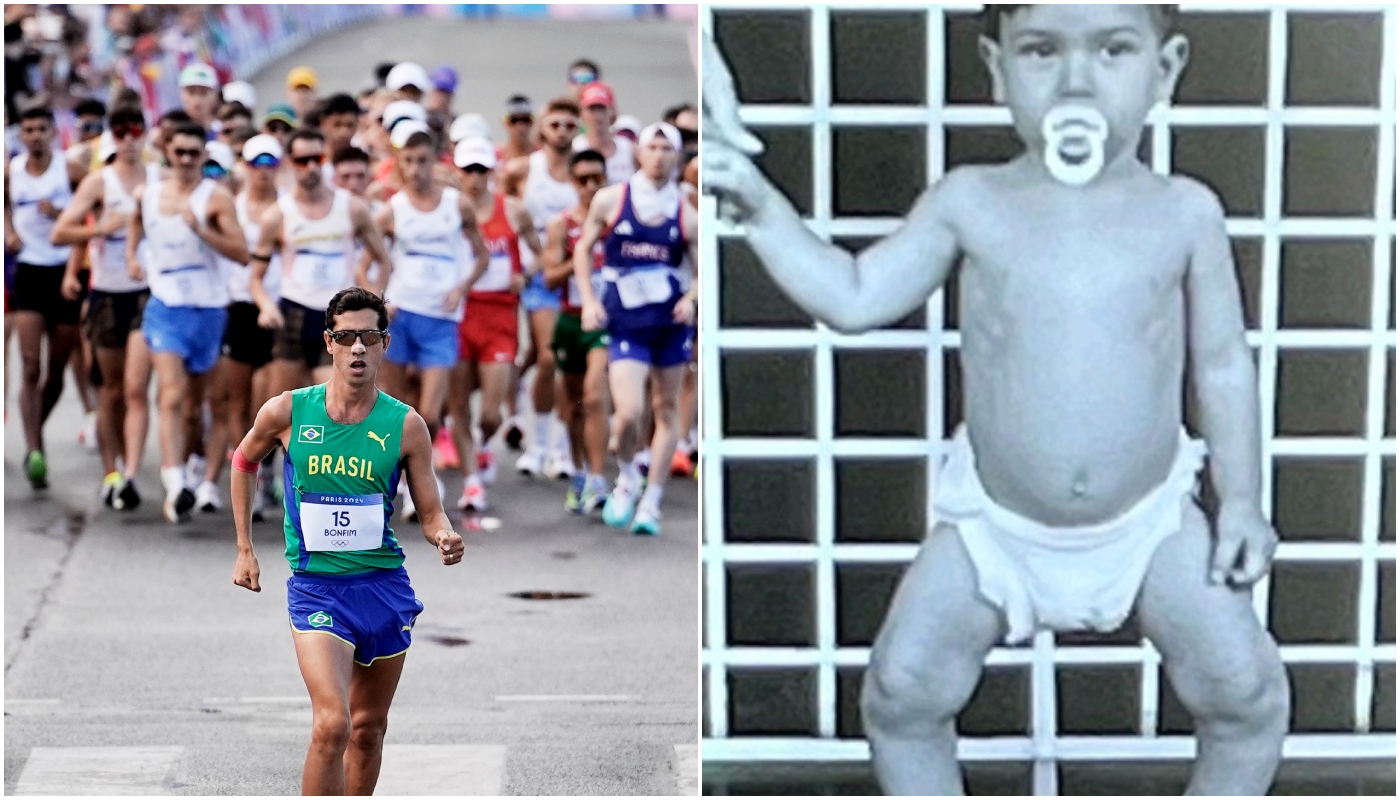 Pernas de Caio Bonfim, primeiro brasileiro no pódio olímpico da marcha atlética, eram arqueadas (Crédito: Alexandre Loureiro/COB | Reprodução/Instagram @caiobonfims)