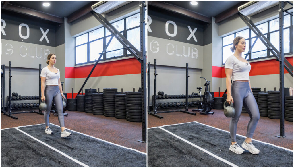 Farmers Carry (200m): caminhada com kettlebells pesados, um em cada mão