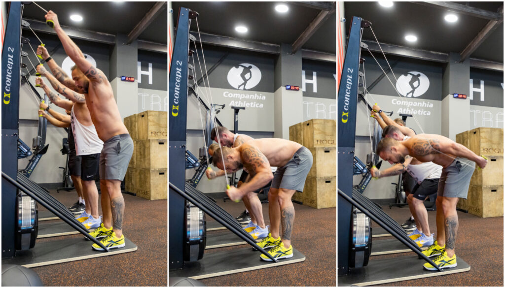 SkiErg (1000m): simulação de esqui nórdico, com foco em braços, ombros e core