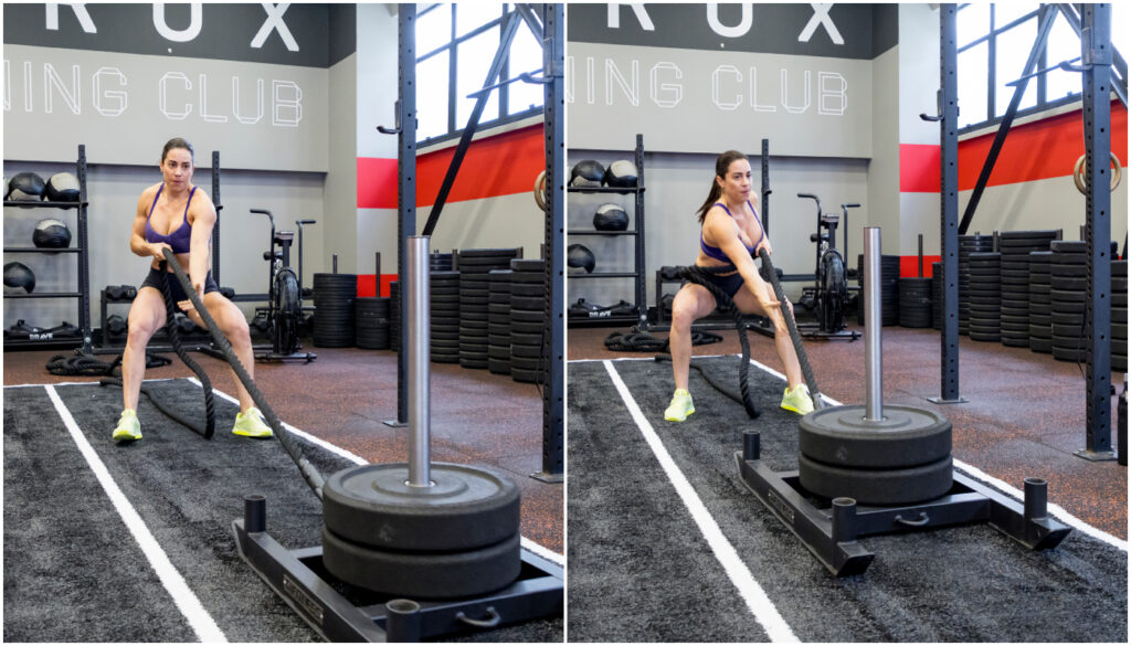 Sled Pull (50m): puxar o trenó com corda até o ponto inicial