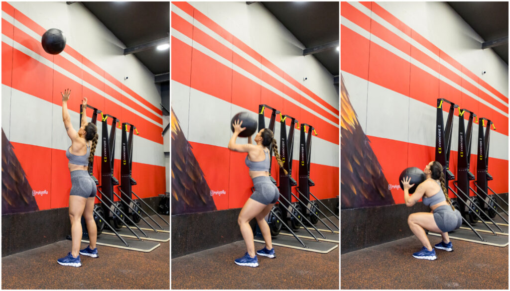 Wall Balls (75 a 100 repetições): agachamento com arremesso de bola na parede